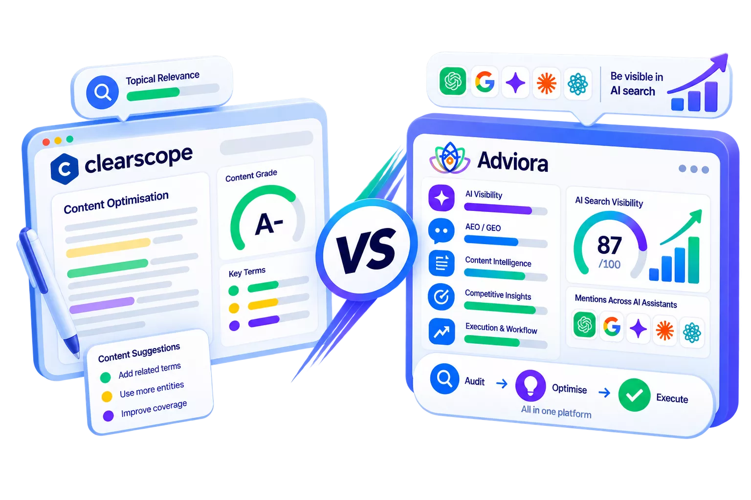 Clearscope and Adviora.ai set side by side, its strengths against Adviora.ai's AI visibility, AEO/GEO and execution coverage