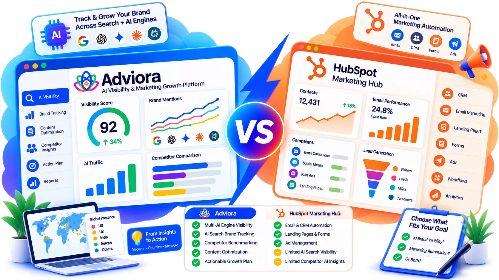 HubSpot Marketing Hub and Adviora.ai set side by side, its strengths against Adviora.ai's AI visibility, AEO/GEO and execution coverage