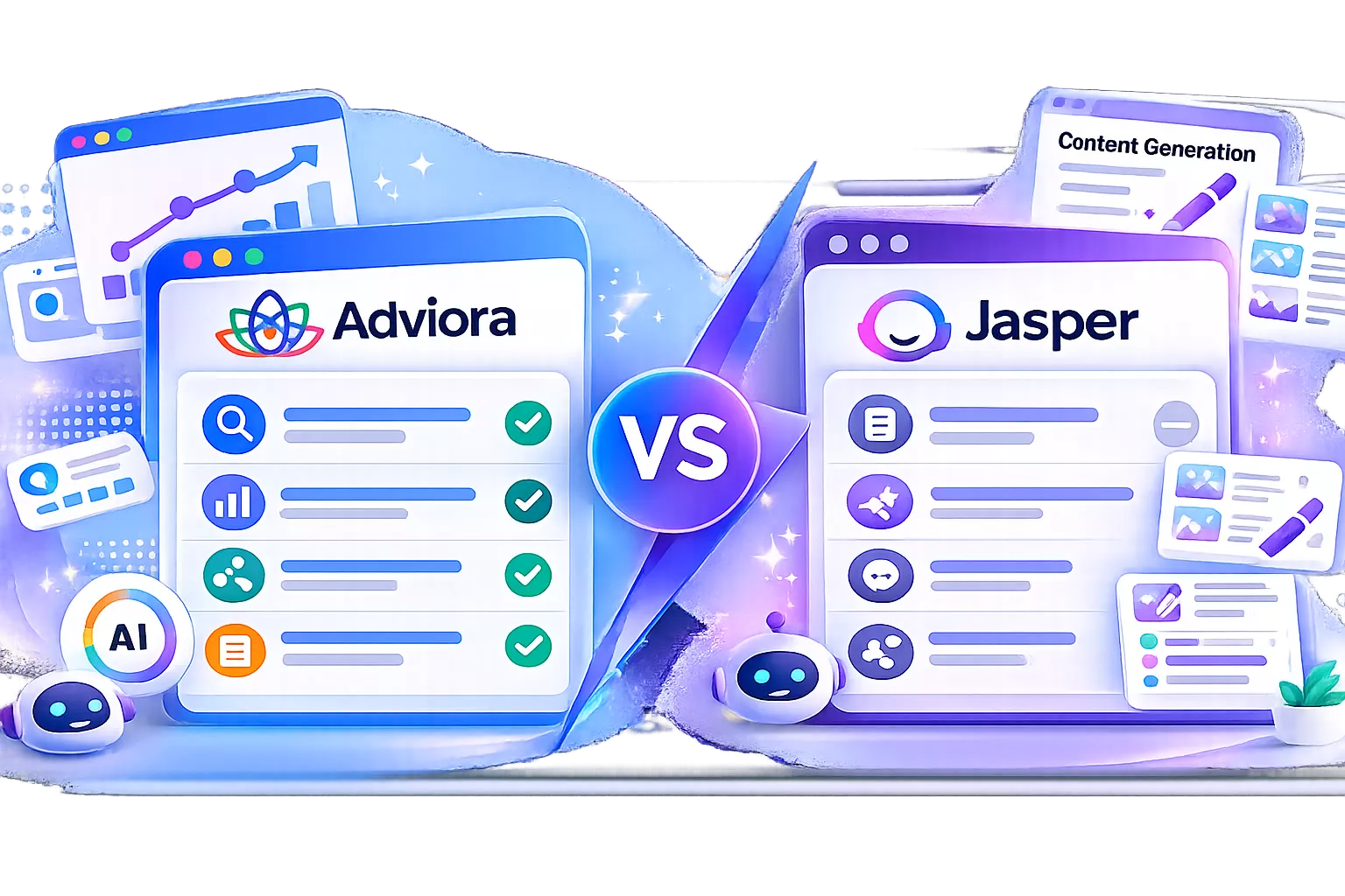 Jasper and Adviora.ai set side by side, its strengths against Adviora.ai's AI visibility, AEO/GEO and execution coverage