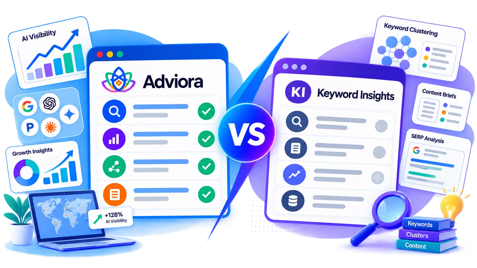 Keyword Insights and Adviora.ai set side by side, its strengths against Adviora.ai's AI visibility, AEO/GEO and execution coverage