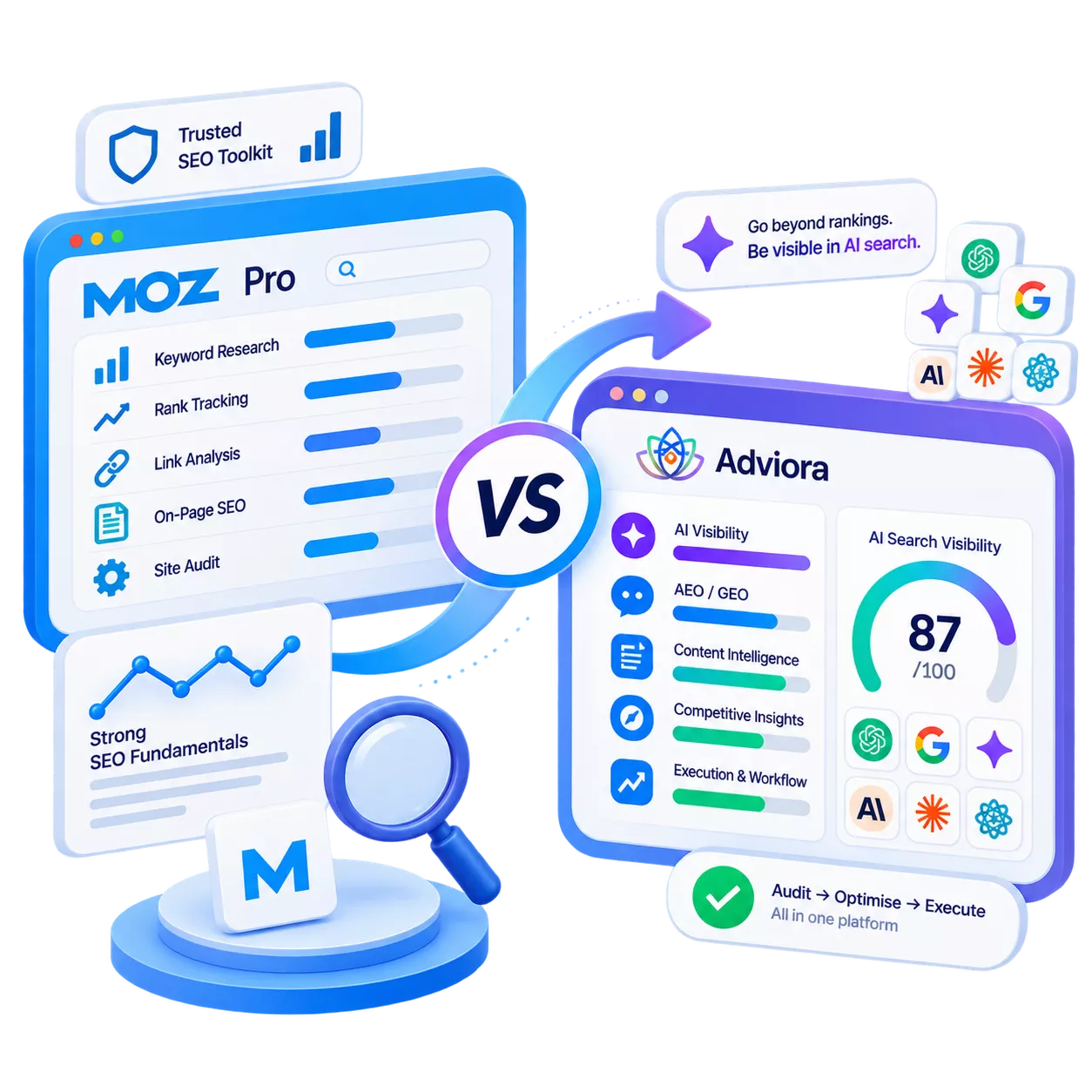 Moz Pro and Adviora.ai set side by side, its strengths against Adviora.ai's AI visibility, AEO/GEO and execution coverage