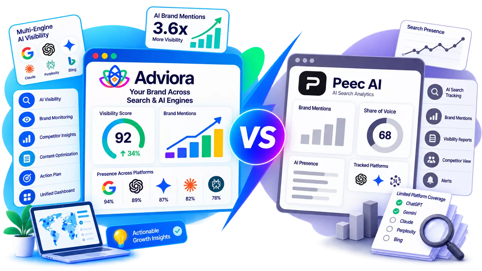 Peec AI and Adviora.ai set side by side, its strengths against Adviora.ai's AI visibility, AEO/GEO and execution coverage