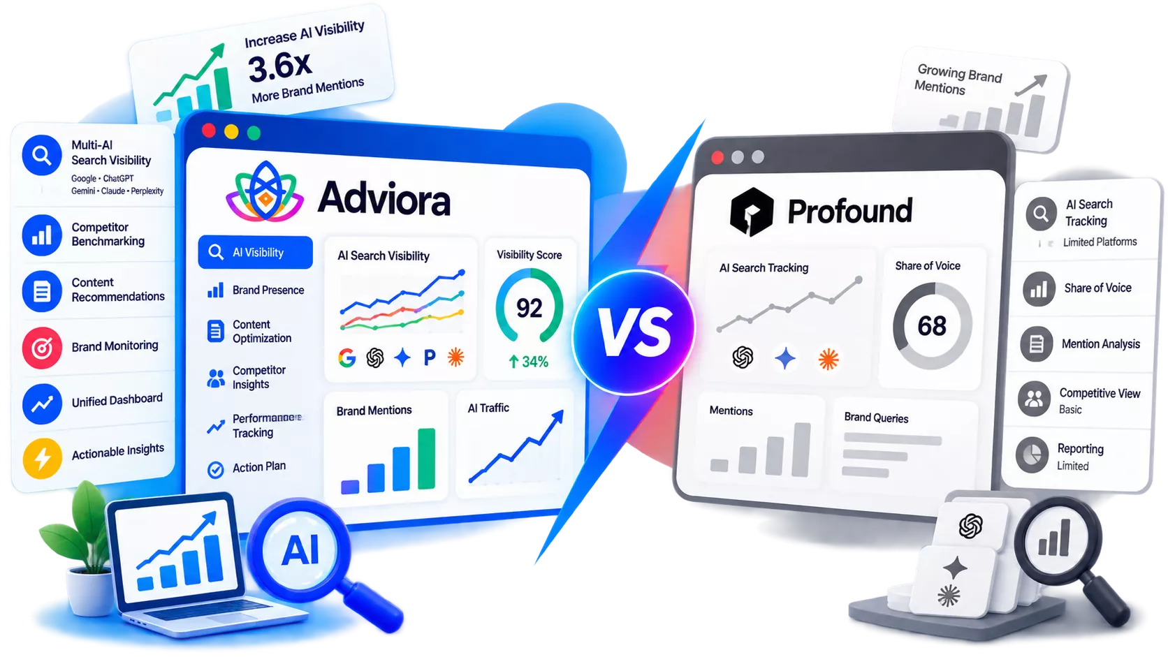 Profound and Adviora.ai set side by side, its strengths against Adviora.ai's AI visibility, AEO/GEO and execution coverage