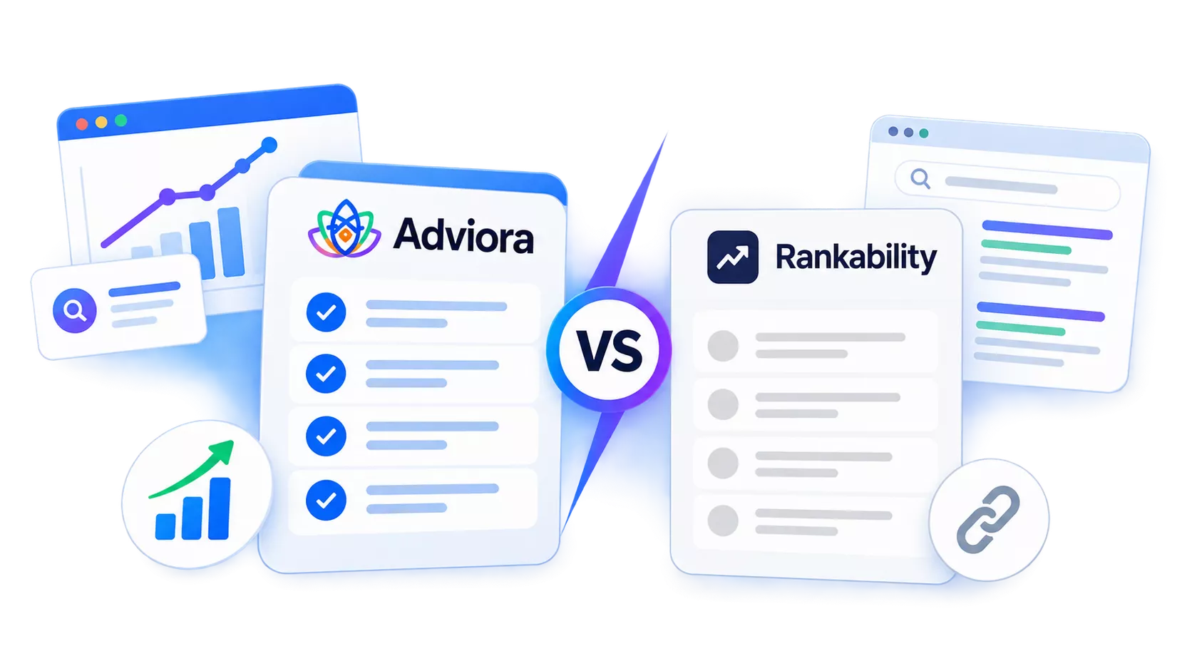 Rankability and Adviora.ai set side by side, its strengths against Adviora.ai's AI visibility, AEO/GEO and execution coverage