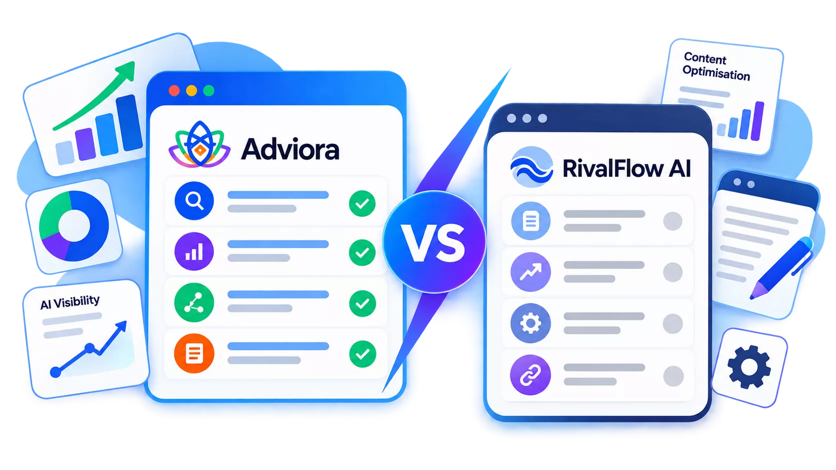 RivalFlow AI and Adviora.ai set side by side, its strengths against Adviora.ai's AI visibility, AEO/GEO and execution coverage