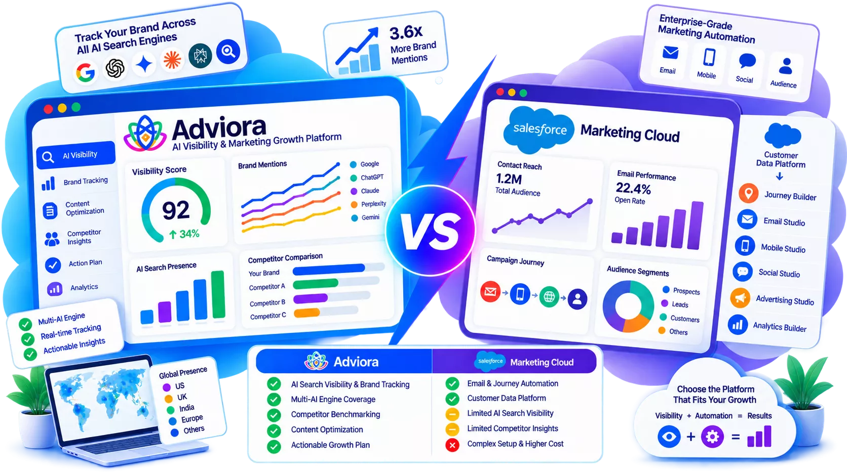 Salesforce Marketing Cloud and Adviora.ai set side by side, its strengths against Adviora.ai's AI visibility, AEO/GEO and execution coverage
