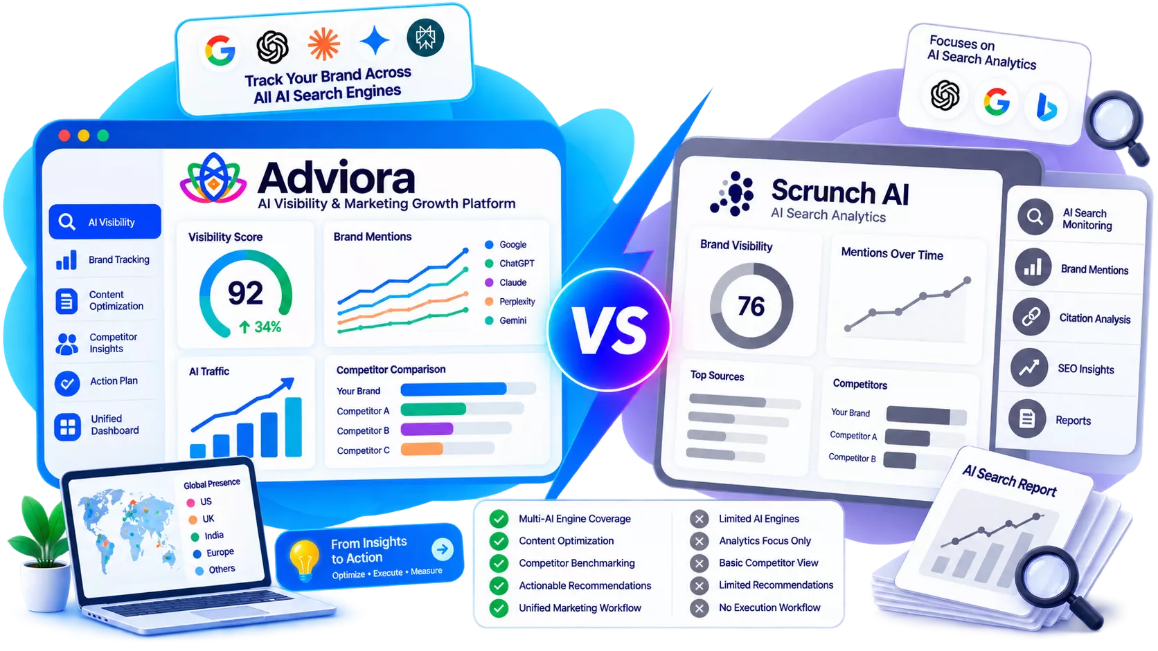 Scrunch AI and Adviora.ai set side by side, its strengths against Adviora.ai's AI visibility, AEO/GEO and execution coverage