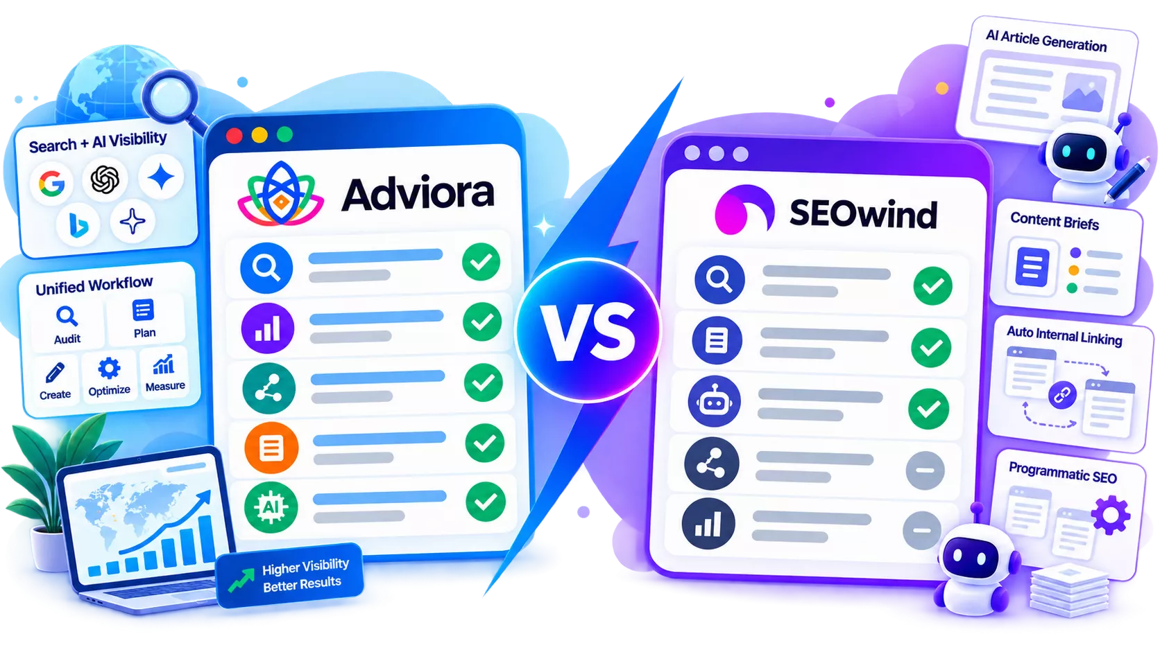 SEOwind and Adviora.ai set side by side, its strengths against Adviora.ai's AI visibility, AEO/GEO and execution coverage