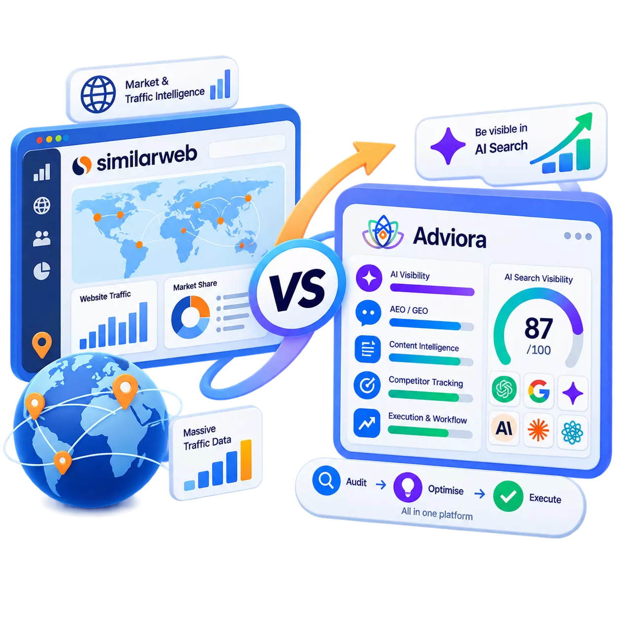 Similarweb and Adviora.ai set side by side, its strengths against Adviora.ai's AI visibility, AEO/GEO and execution coverage