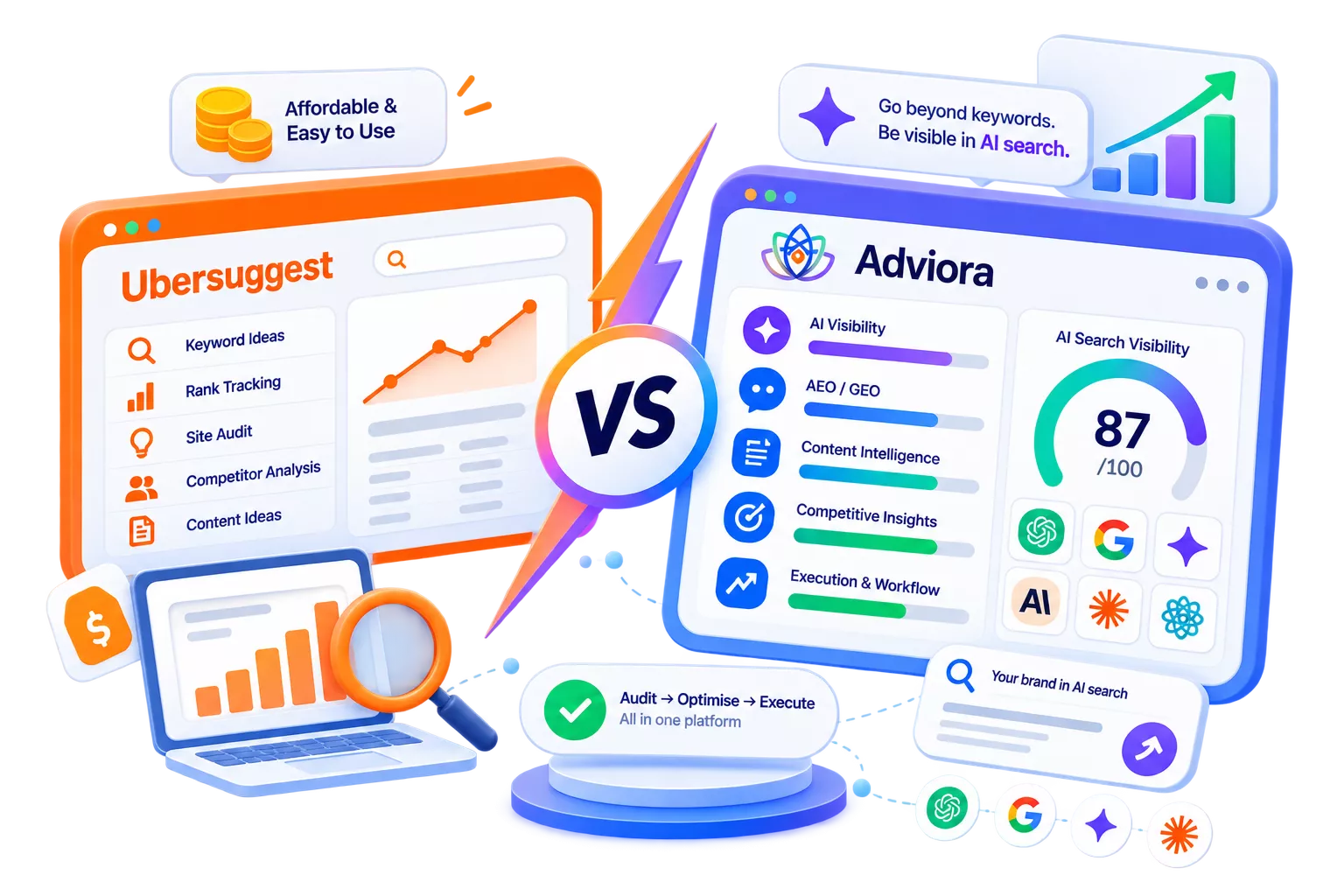 Ubersuggest and Adviora.ai set side by side, its strengths against Adviora.ai's AI visibility, AEO/GEO and execution coverage