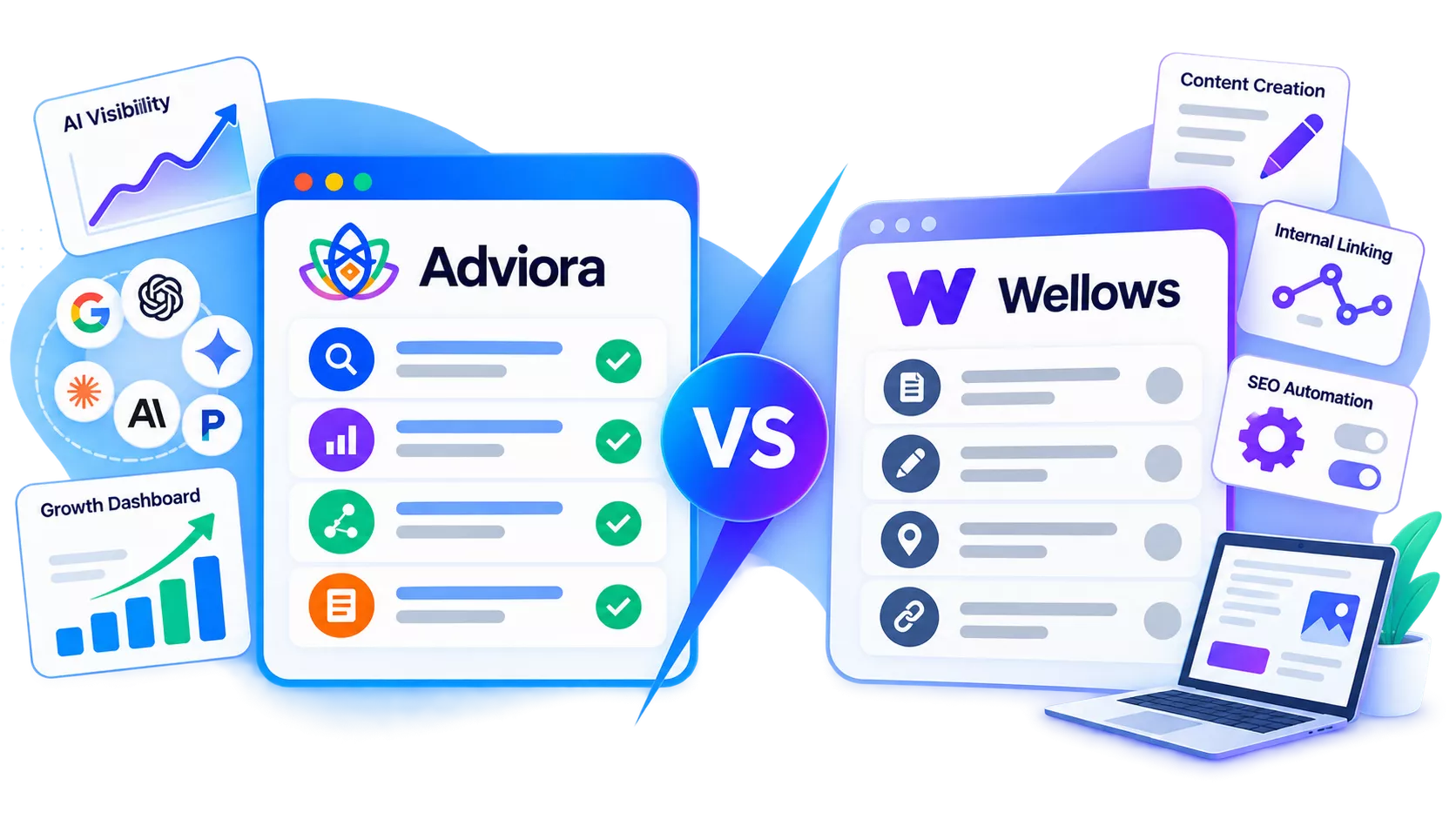 Wellows and Adviora.ai set side by side, its strengths against Adviora.ai's AI visibility, AEO/GEO and execution coverage