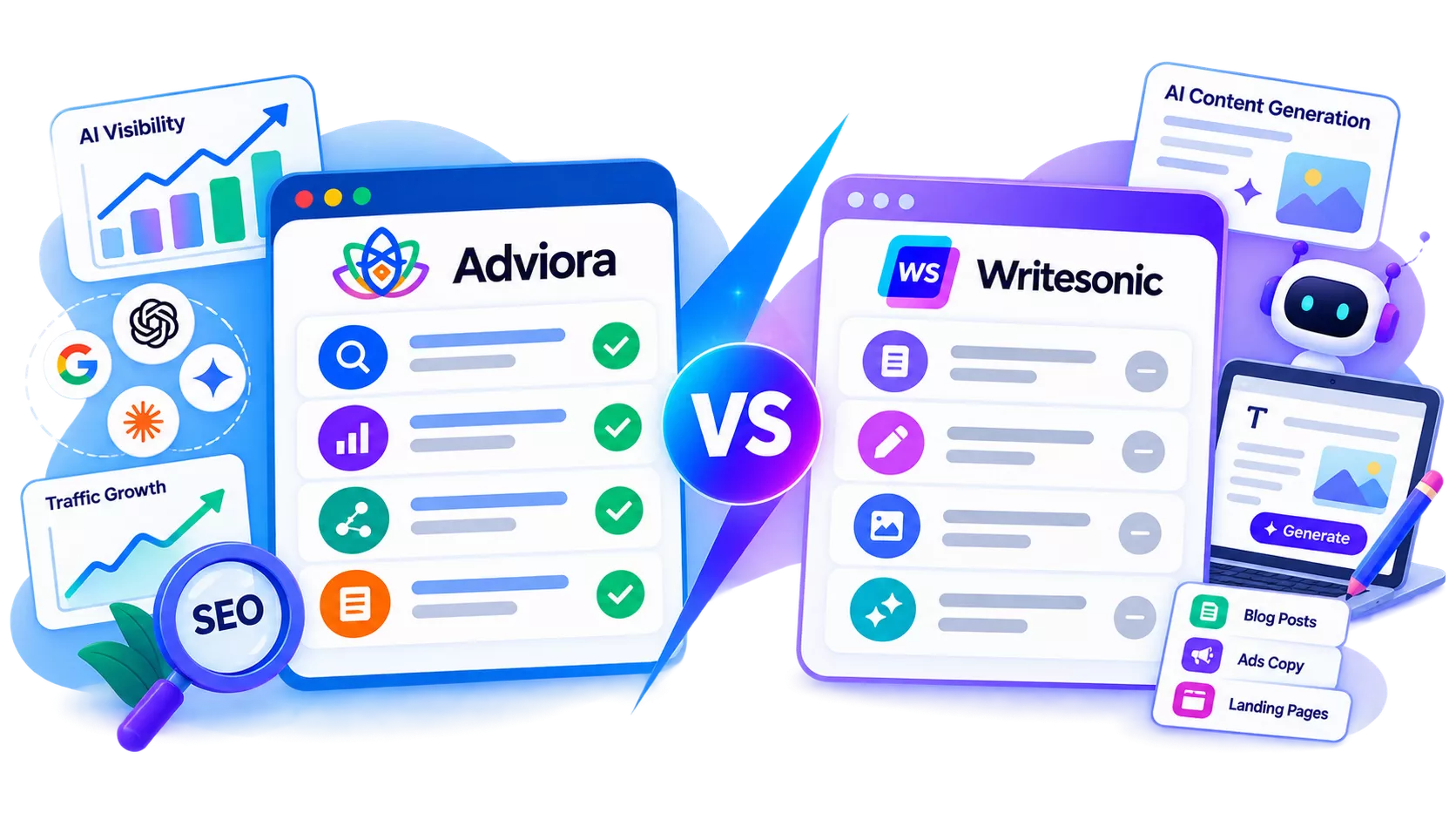 Writesonic and Adviora.ai set side by side, its strengths against Adviora.ai's AI visibility, AEO/GEO and execution coverage