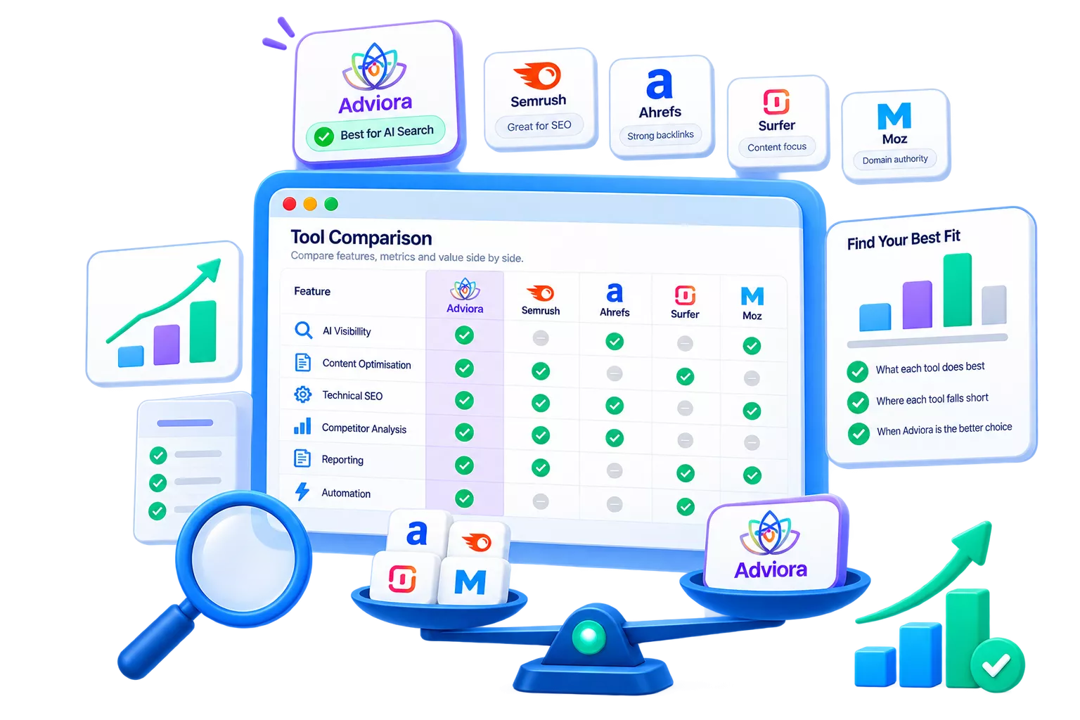 Capability matrix comparing Adviora.ai features against other platforms