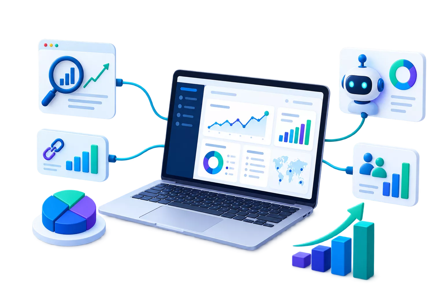 How Adviora.ai works: search rankings, traffic, backlinks, AI search visibility, brand mentions, customer behaviour and competitor insight feeding one connected workspace