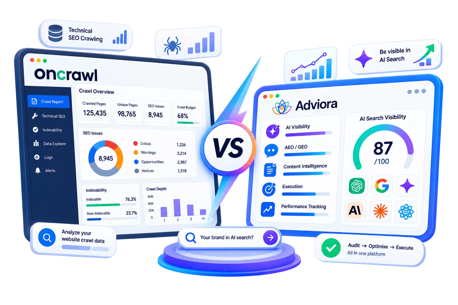 OnCrawl and Adviora.ai set side by side, its strengths against Adviora.ai's AI visibility, AEO/GEO and execution coverage