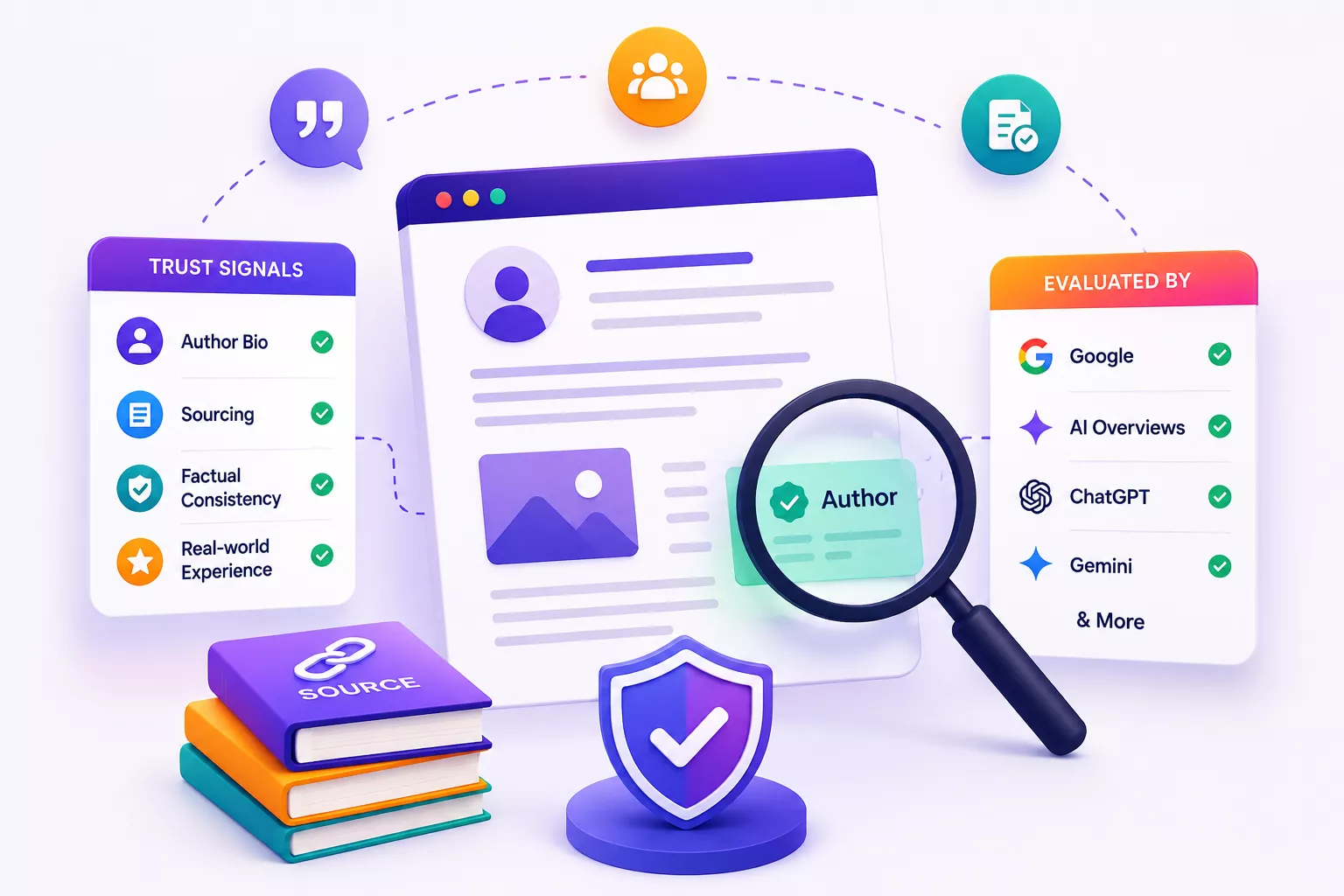 A published article with its author verified, the trust signals read from it - author bio, sourcing, factual consistency, real-world experience - and the engines evaluating them